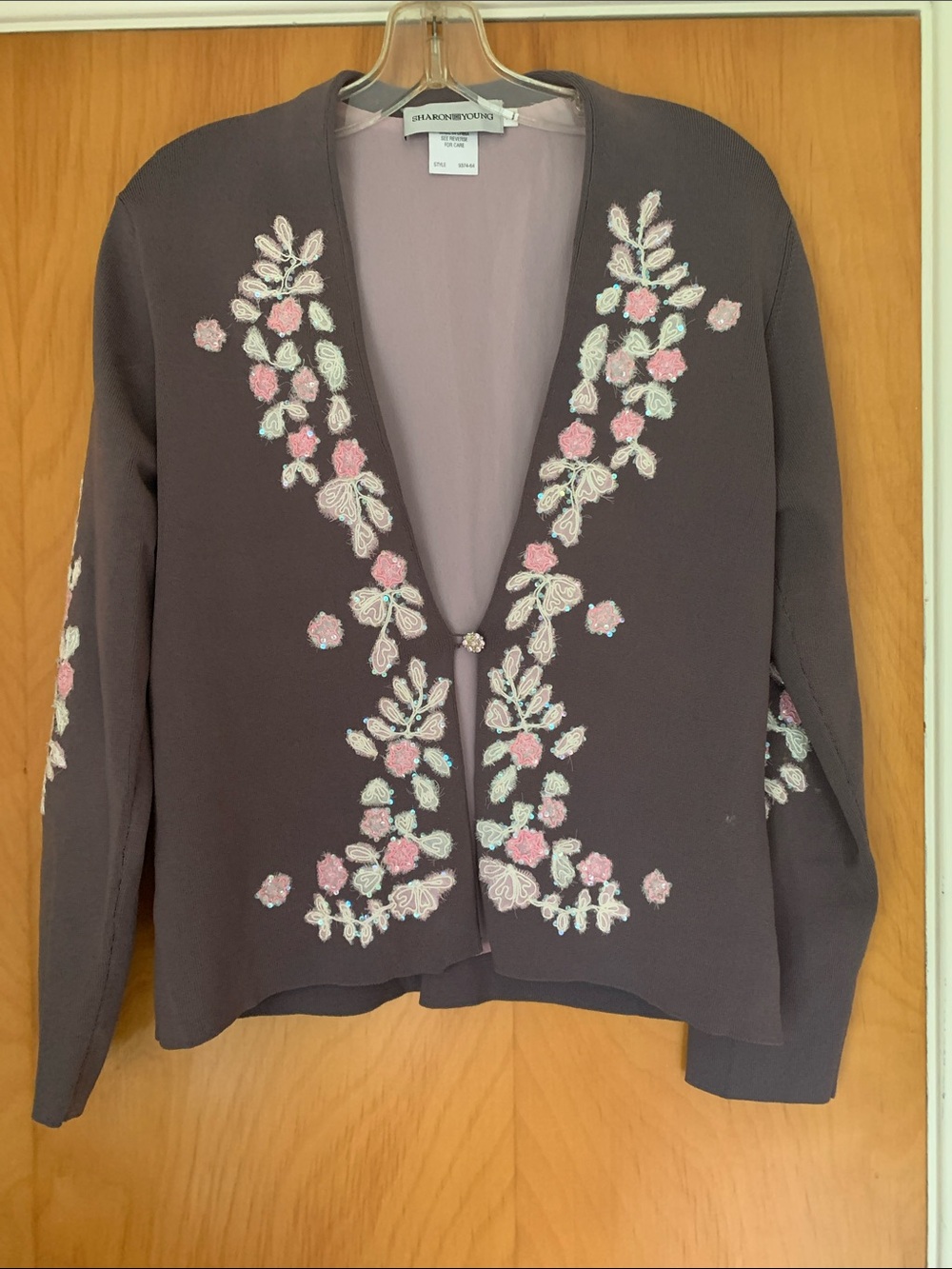 Sharon Young Embroidered Floral V-Neck Cardigan - Mauve with Pink & Cream